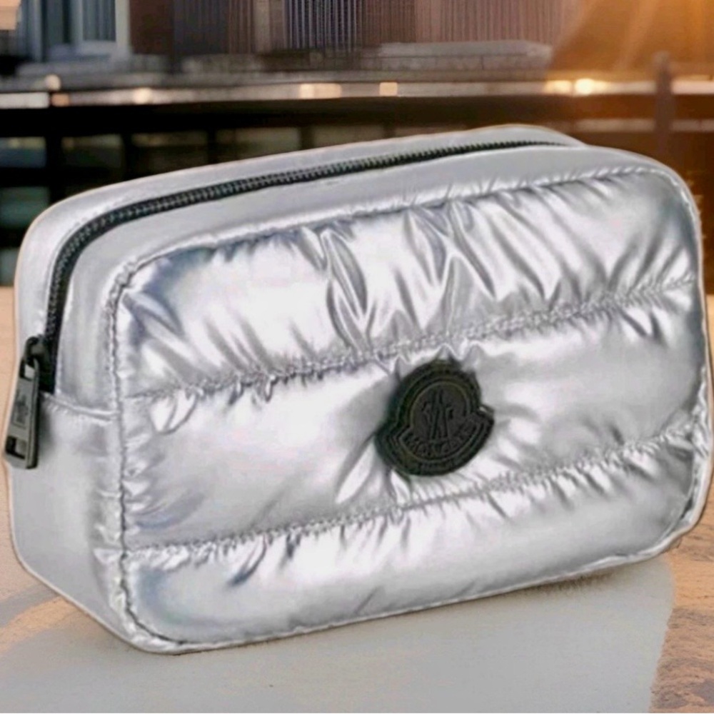 Moncler Parfums Quilted Metallic Silver Clutch Pouch Beauty Travel Case.
